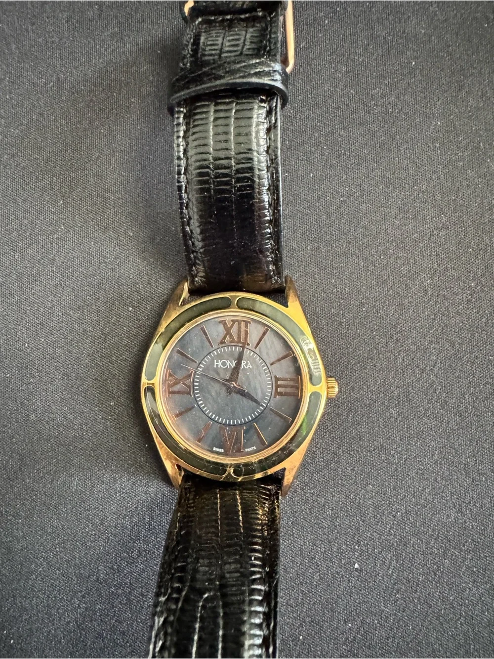 Honora Black Dial Bronze Gold Case Men/Women Dress Watch w/ Green Pearl Bezel
